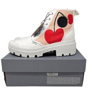 Palladium Women's 9.5 Star White High-Top Canvas Boots with Heart Print Design